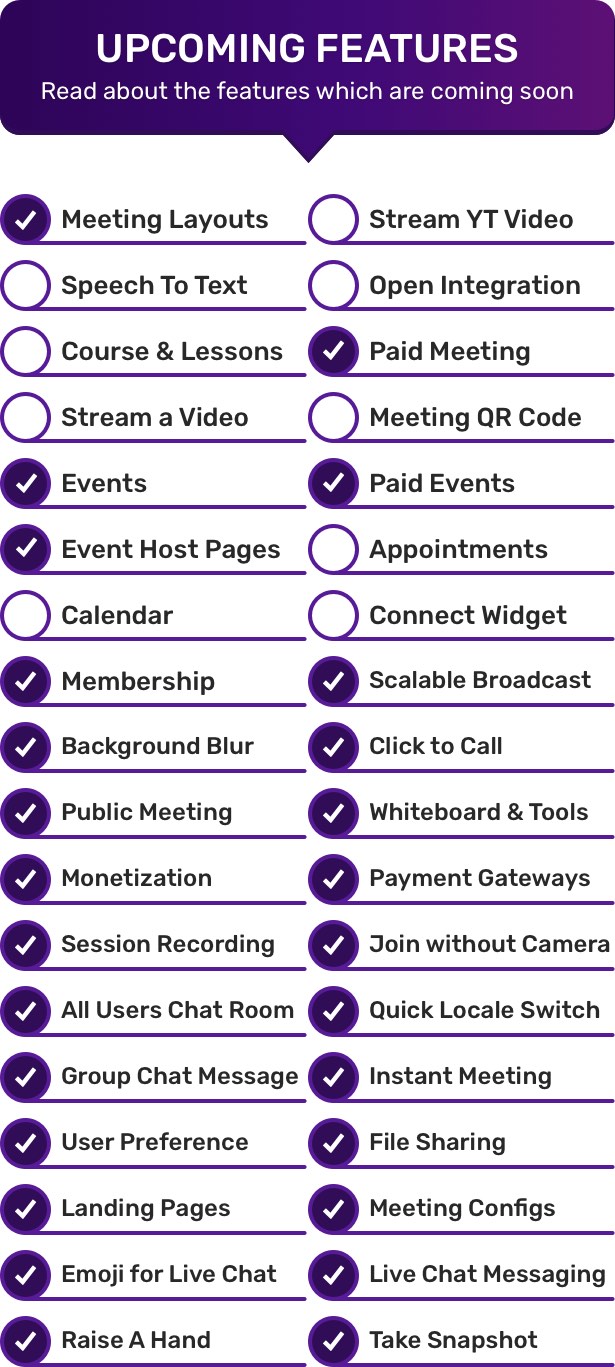 Connect - Upcoming Features - Recording, Pre-recorded Webinar, WhiteBoard, Click to Call, Membership, Monetization